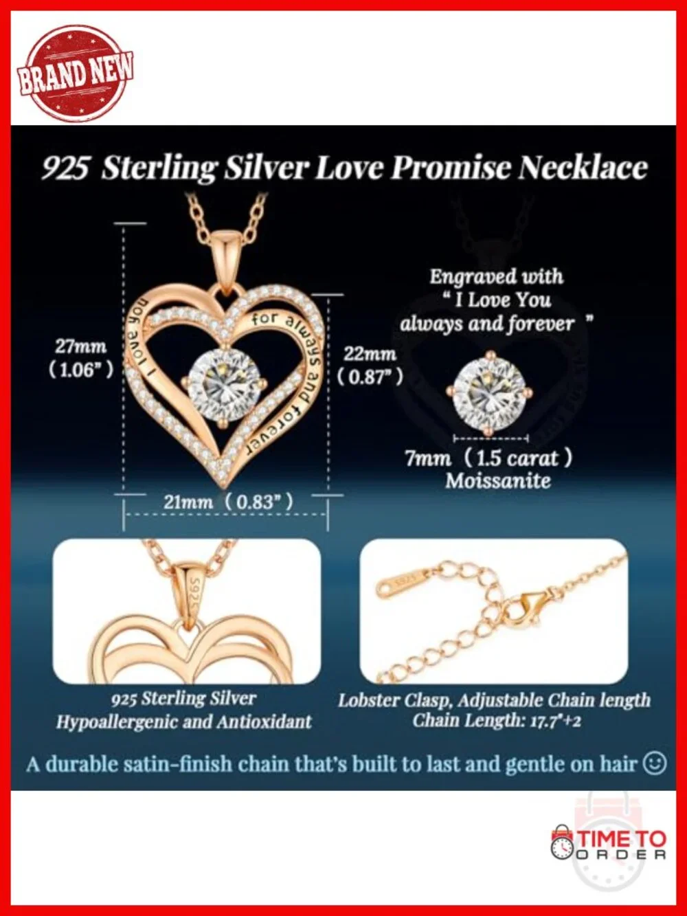 925 Sterling Silver Moissanite Heart Pendant Necklace with Engraved Love